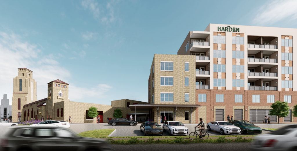 The Harden, active senior living community would wrap the northwest corner of the property. (Rendering from BOKAPowell Architects)