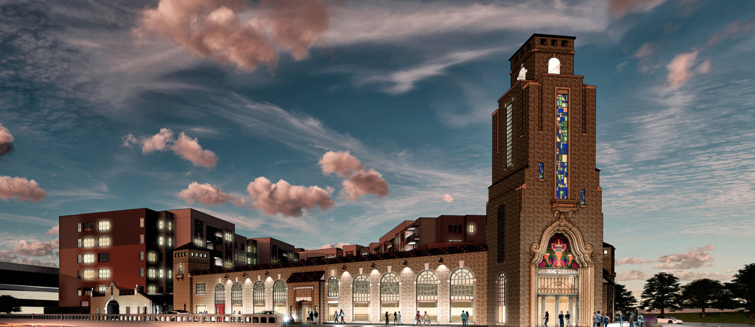 Fort Worth Public Market – The restored historic building’s landmark tower will be lit once again. Rendering by BOKAPowell Architects.