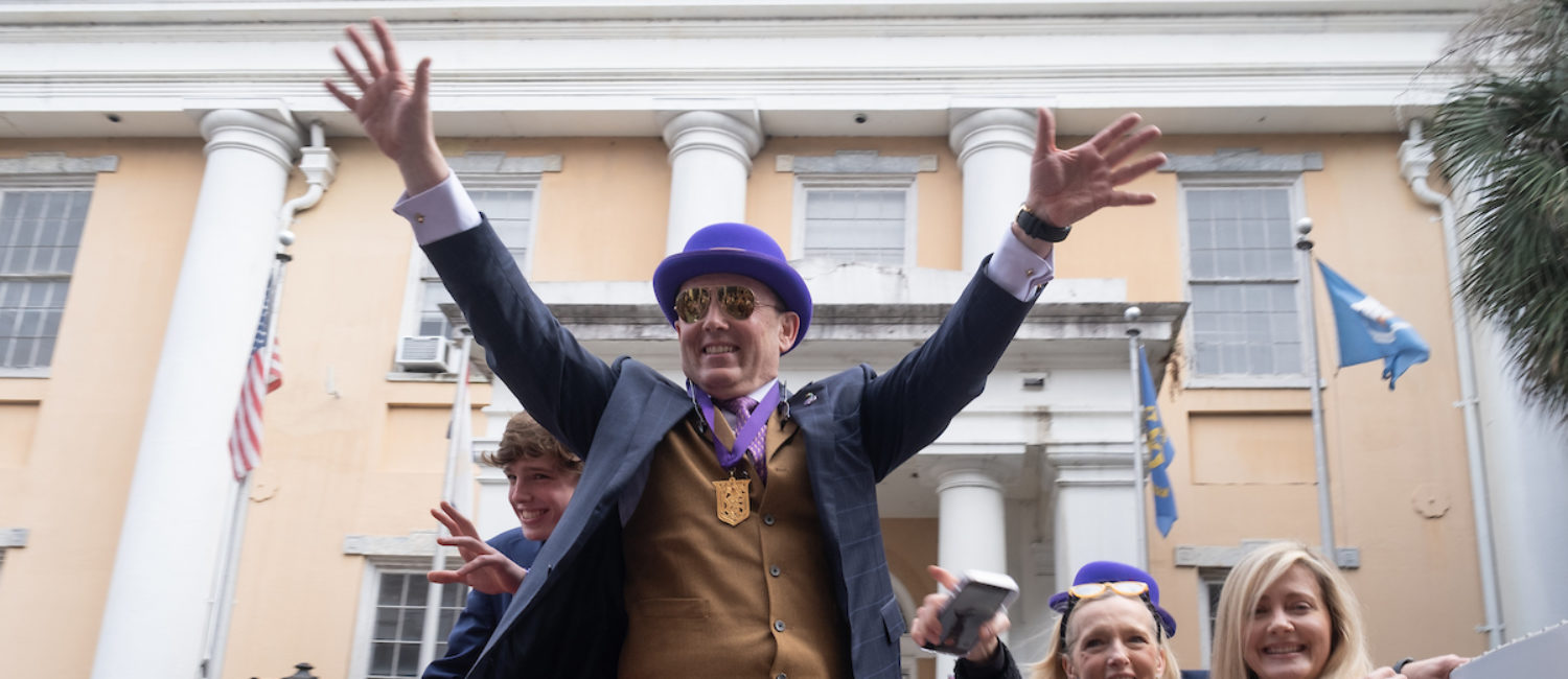 King of Hermes Franco Valobra rides a carriage during the French Quarter walking parade. (Photo by Daniel Ortiz)