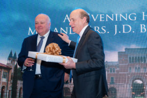 J.D. Bucky Allshouse receives Rice University honors for his 33-year tenure as Life Trustee from President David Leebron in festivities at River Oaks Country Club.