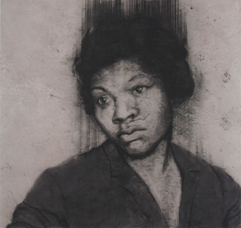 The matriarch of Kinfolk House, whose legacy is infused into every aspect of the space. Image credit: Sedrick Huckaby, “Hallie - Welcome - Glory,” 2013, charcoal and CelluClay on canvas on panel.