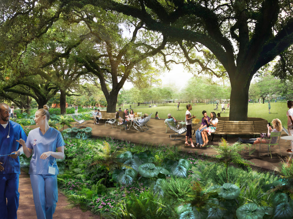 The Live Oak Deck complete with picnic tables and lawn furniture will be a welcome addition to Hermann Park. (Rendering courtesy of Hermann Park Conservancy)