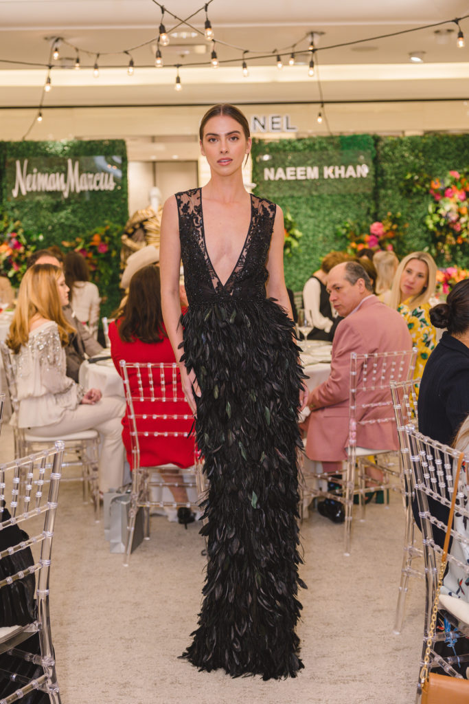 Naeem Khan sequined black gown with feather skirt. (Photo by Johnny Than)