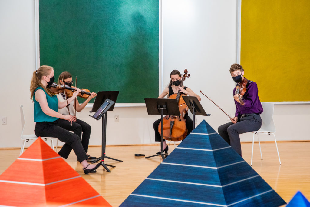 Sam Gilliam (foreground) and Shirazeh Houshiary's work in "Artists and the Rothko Chapel: 50 Years of Inspiration," Spring 2021. (Photo by Nash Baker)
