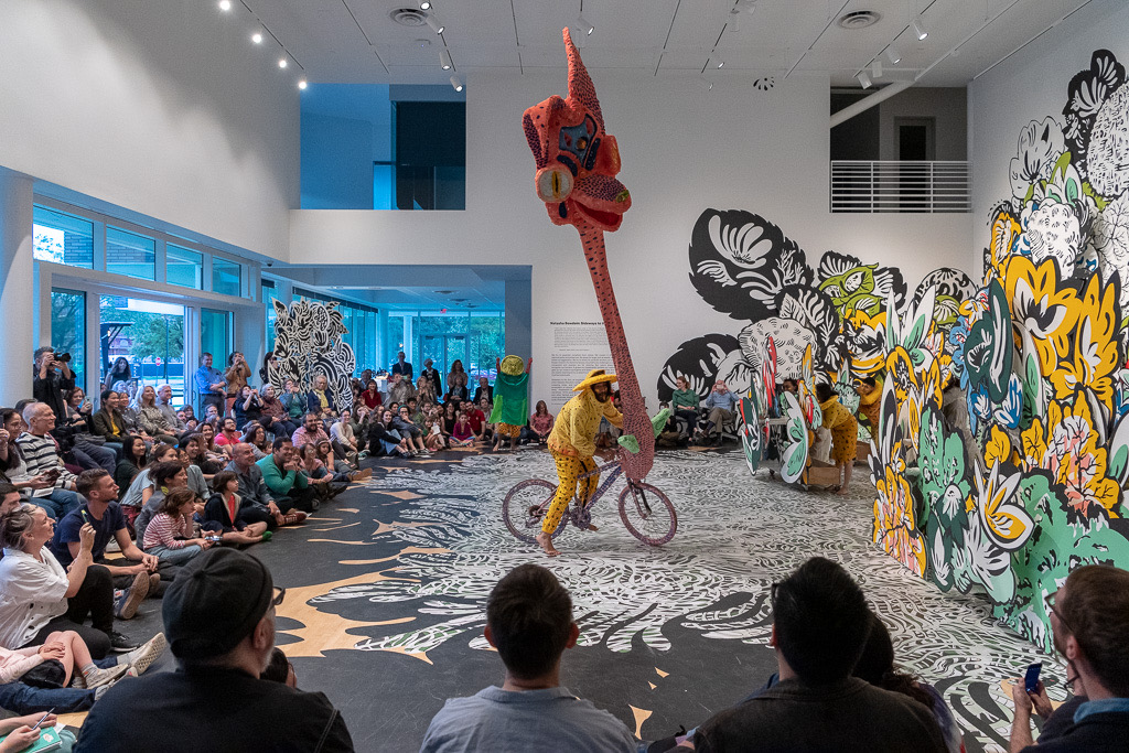 Natasha Bowdin’s “Sideways to the Sun” installation, Spring 2019, featured a performance by Poncili Creación. (Photo by Nash Baker)