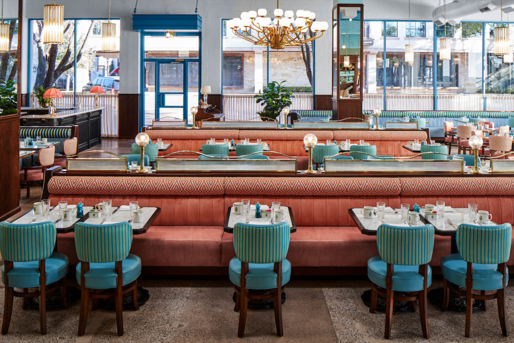 Sink into plush seating for a Waldorf salad, cheese blintzes, or stop by in the evening for a raw bar and an ice-cold martini. (photo by Nathan Schroder)