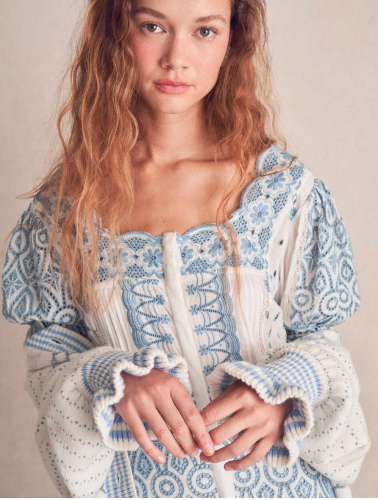 Helena Dress in Ivory Shores and Keoni Cardigan in Blue Bells Bouquet.