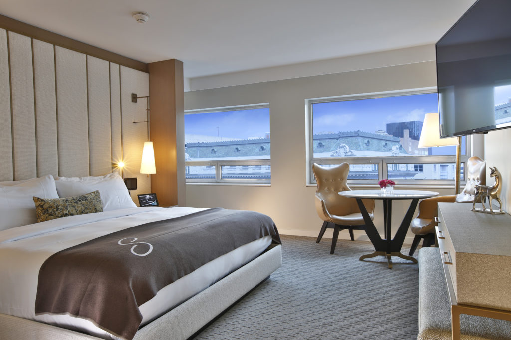 Each room at The Statler offers beautiful amenities and lots of natural light.