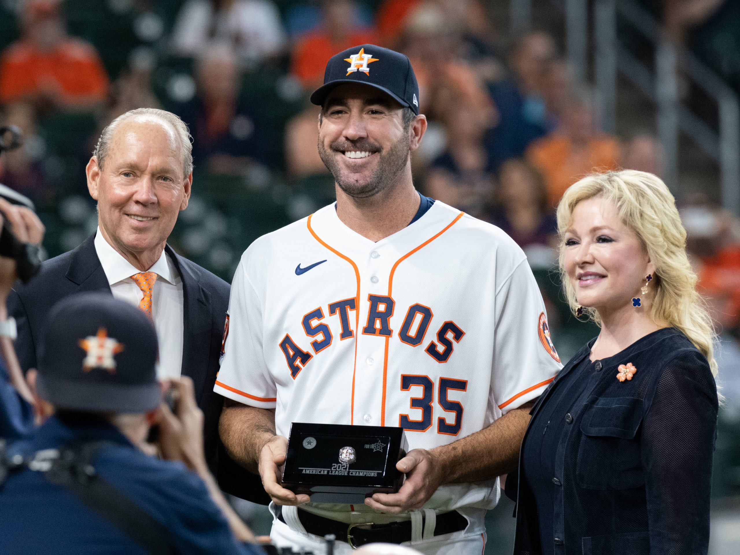 Houston Astros received their AL Championship rings before they faced the Los Angles Angels of Anaheim, Monday,