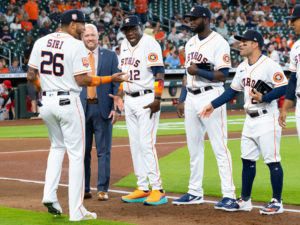 Houston Astros received their AL Championship rings before they faced the Los Angles Angels of Anaheim, Monday,