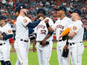 Houston Astros received their AL Championship rings before they faced the Los Angles Angels of Anaheim, Monday,