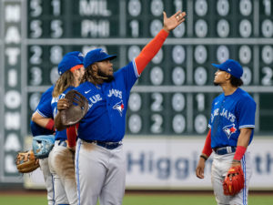 Vladimir Guerrero Jr. has been pointing the way for the Toronto Blue Jays, but trade speculation swirls around him. (Photo by F. Carter Smith)