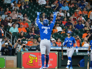 Houston Astros faced former Astros George Springer, who hit a home run in his first at-bat for the Toronto Blue Jays,  at Minute Maid Park.