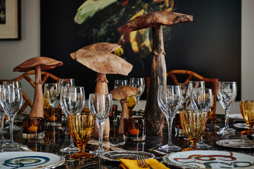 Mushroom sculptures on a winter table at Kim Hersov's Thanksgiving table in England.