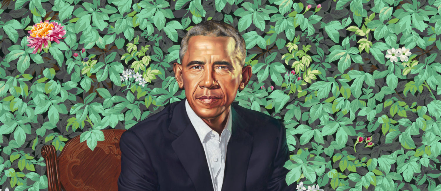 Barack Obama, 2018, by Kehinde Wiley, oil on canvas, National Portrait Gallery, Smithsonian Institution. @2018 Kehinde Wiley. Photo courtesy of Museum of Fine Arts, Houston.