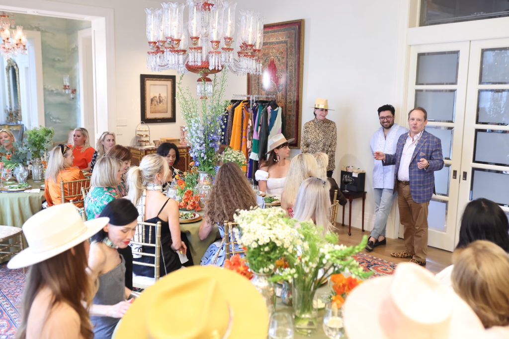 PaperCity's Shelby Hodge, designer Amir Taghi and Valobra Master Jewelers' Franco Valobra welcome guests to the midday fête in the Taghi family's Tanglewood home. (Photo by Quy Tran)