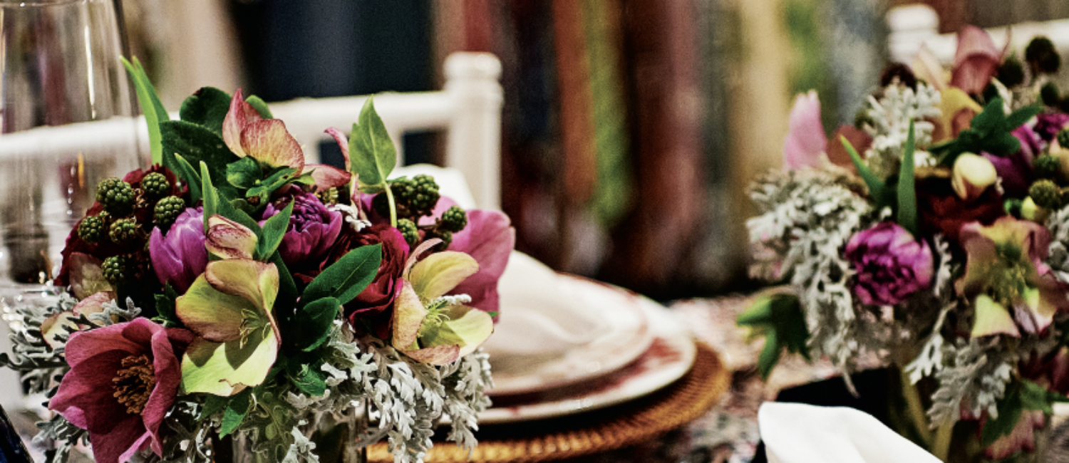 Spring place setting at James Showroom with Penny Morrison fabric