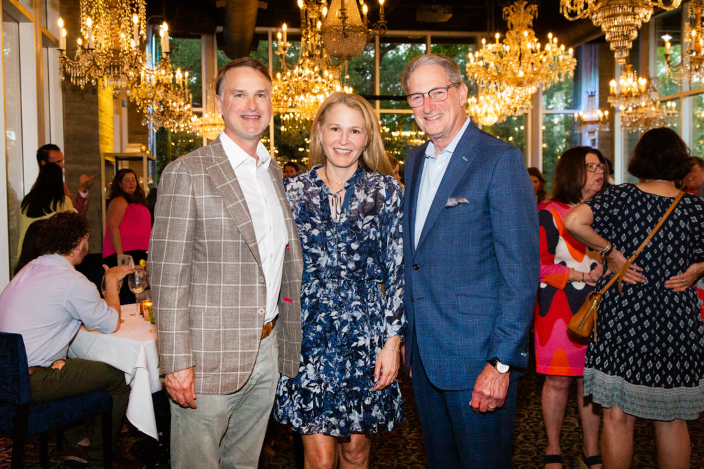 Tadd & Jennifer Tellepsen, Jeff Bricker at the Buffalo Bayou Partnership Cocktails in Bloom fundraiser at Flora (Photo by Lawrence Elizabeth Knox)
