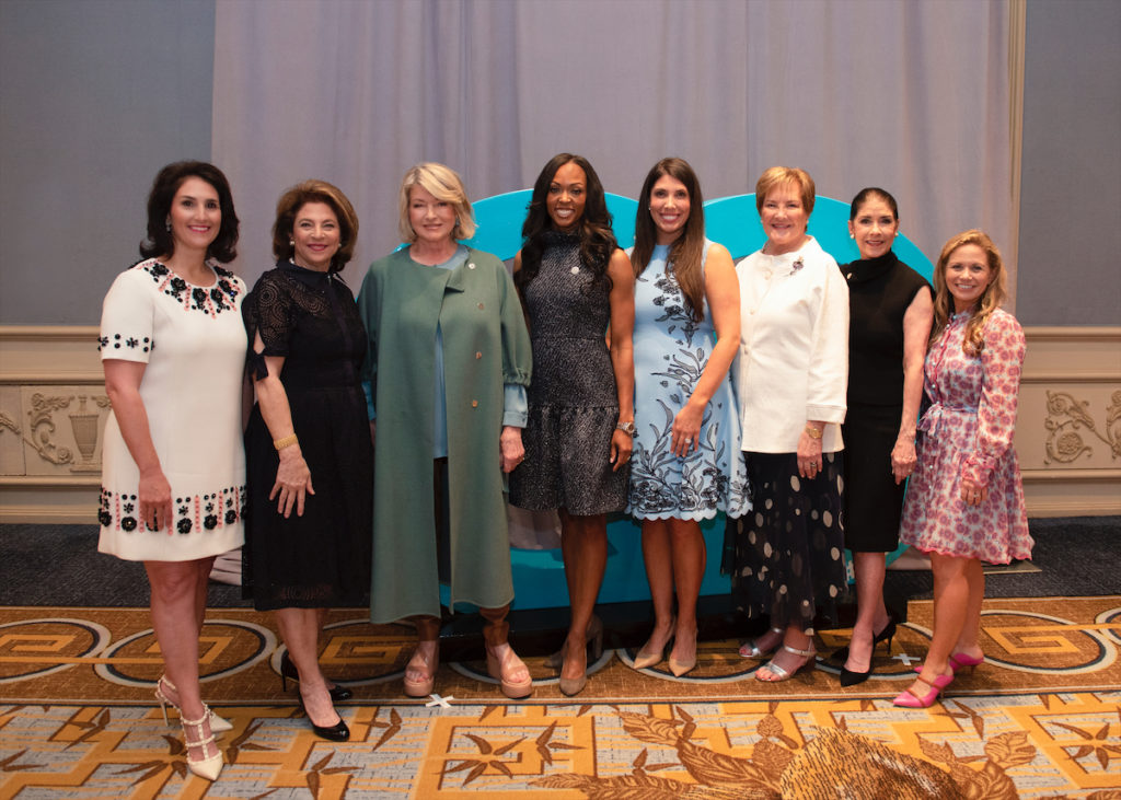 Junior League of Dallas Centennial Milestones Luncheon Co-chair Isabell Novakov Higginbotham, Junior League of Dallas Centennial Milestones Luncheon Co-chair Lydia Novakov, Centennial Milestones Luncheon Featured Speaker Martha Stewart, Junior League of Dallas President Christa Sanford, Junior League of Dallas Centennial Co-chair Andrea Cheek, Junior League of Dallas Centennial Co-chair Margo Goodwin, Junior League of Dallas Sustainer President Patti Flowers, and Junior League of Dallas Development Vice President Elisabeth McHugh. (Photo by Tamytha Cameron)