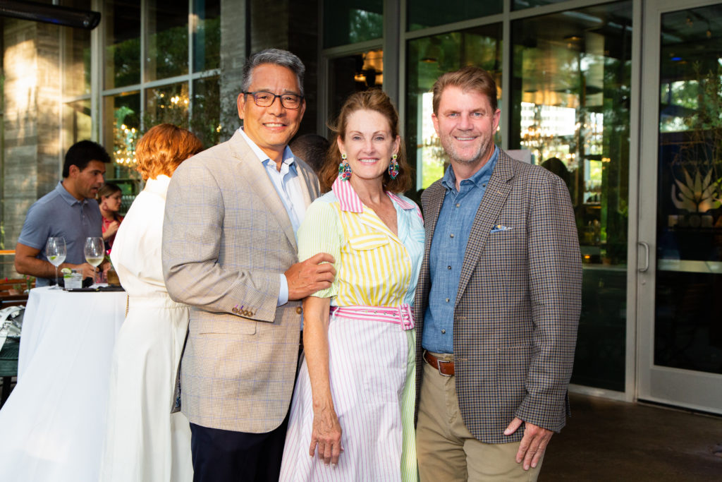 Frank & Stephanie Tsuru, Bill Baldwin at the Buffalo Bayou Partnership Cocktails in Bloom fundraiser at Flora (Photo by Lawrence Elizabeth Knox)