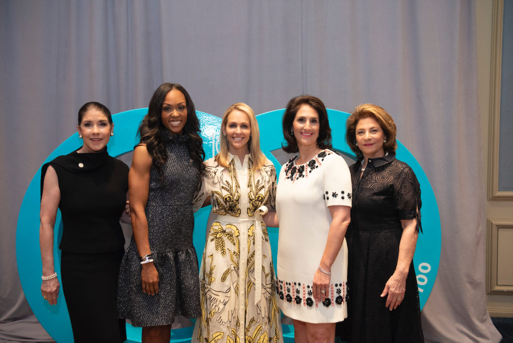 Junior League of Dallas Sustainer President Patti Flowers, Junior League of Dallas President Christa Sanford, Centennial Milestones Luncheon Emcee Meredith Land, Junior League of Dallas Centennial Milestones Luncheon Co-chair Isabell Novakov Higginbotham, and Junior League of Dallas Centennial Milestones Luncheon Co-chair Lydia Novakov. (Photo by Tamytha Cameron)