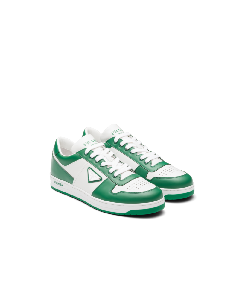 Prada Uomo downtown leather sneakers in green/white, $950, available at Neiman Marcus NorthPark