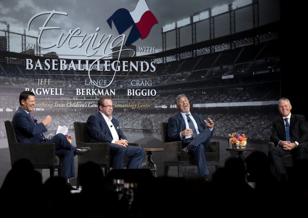 Randy McIlvoy, Jeff Bagwell, Lance Berkman, Craig Biggio on stage at Texas Children's Cancer and Hematology Center's An Evening with Baseball Legends 