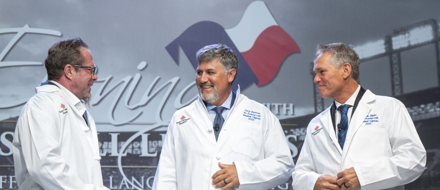 The Astros’ Killer B’s, Jeff Bagwell, Lance Berkman and Craig Biggio, become Texas Children’s Dr. B’s with presentation of monogramed lab coats.
