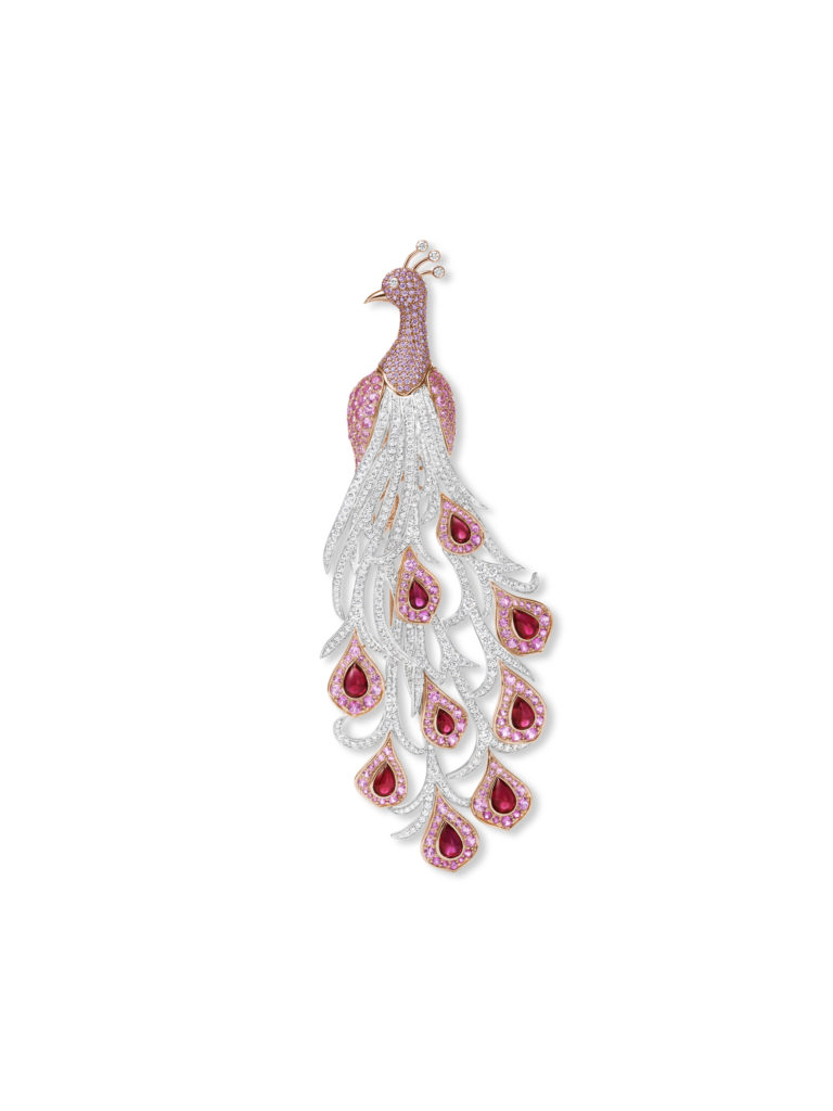 Harry Winston Peacock brooch from the Marvelous Creations Collection with rubies, pink diamonds, pink sapphires, and diamonds, set in 18K rose gold and platinum.
