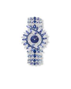 Harry Winston Blue Python timepiece from the Marvelous Creations Collection with blue sapphires and hand-cut tapered baguette diamonds, set in platinum.