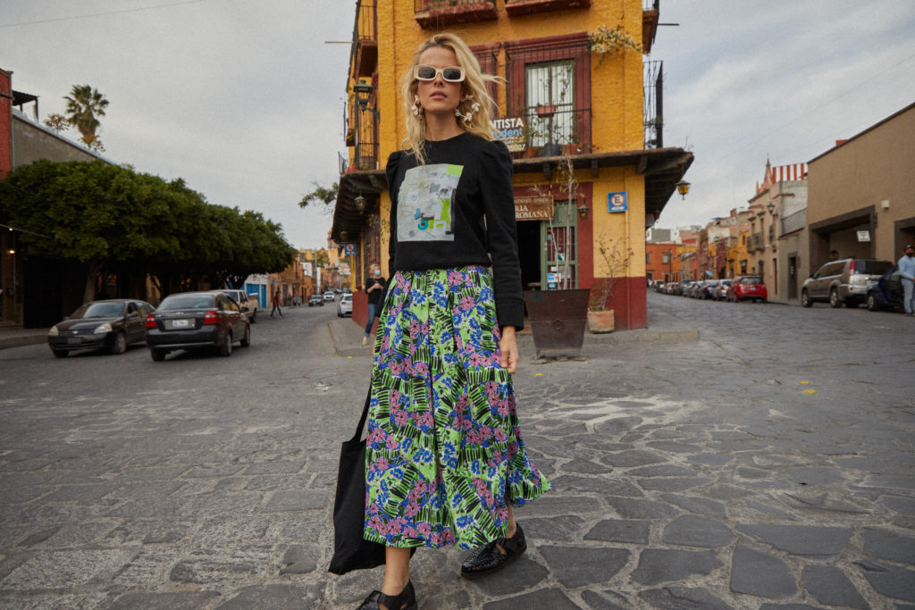 Alexis Skirt in Erratic Azalea print by Hunter Bell NYC, photographed in San Miguel de Allende, Mexico.
