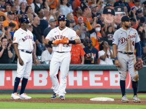 The Houston Astros defeated the Detroit Tigers 3-2 behind a home runs by Jose Altuve and a base-loaded walk by Kyle Tucker, scoring Michael Brantley at Minute Maid Park