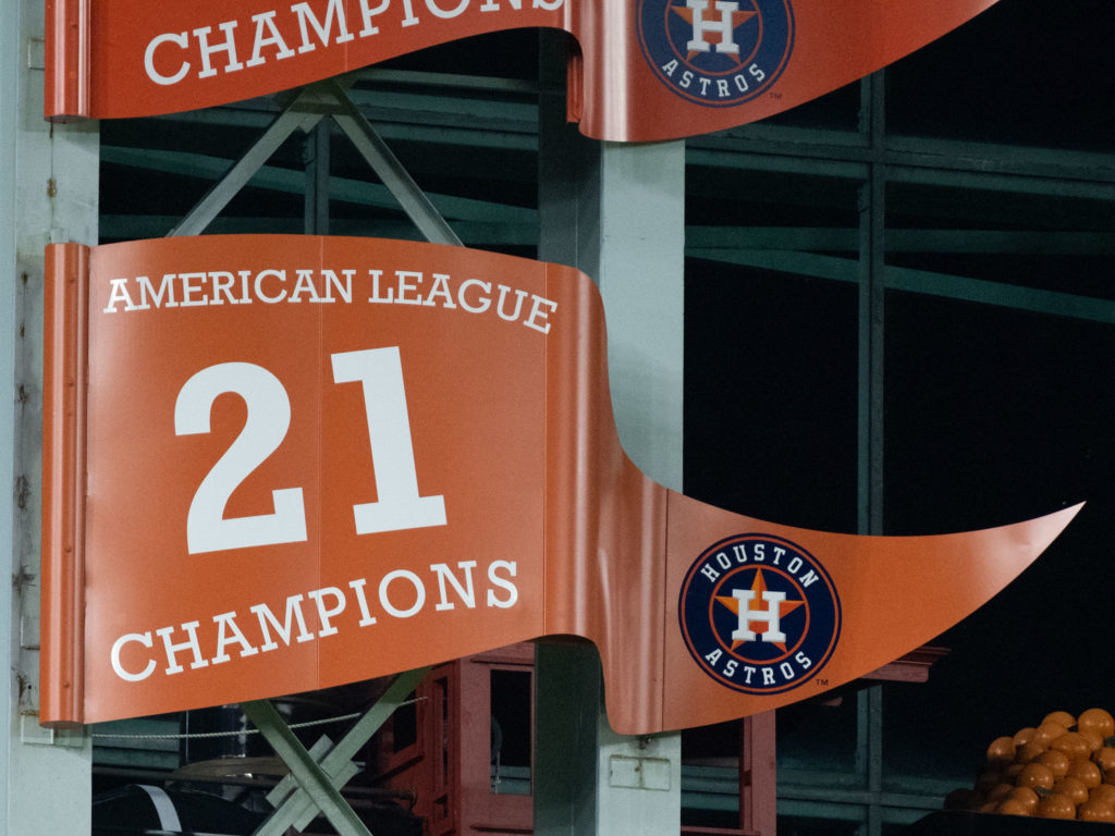 That 2021 American League Championship pennant high above left field took a ding from a Jeremy Pena home run. (Photo by F. Carter Smith)