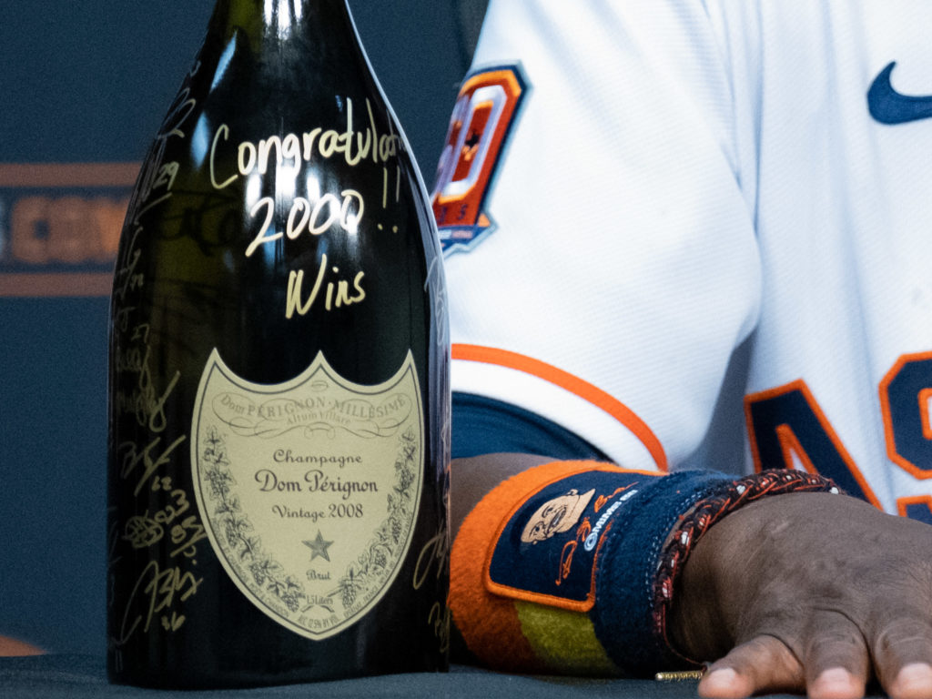 Dusty Baker walked away with 2,000 wins and a champagne bottle signed by all the current Astros. (Photo by F. Carter Smith)