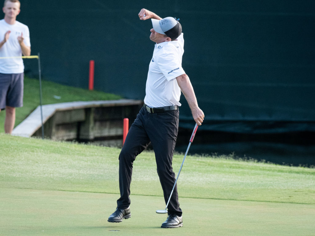 New Zealand's Steven Alker celebrates his Insperity Invitational championship. He scored a 6-under-par 66 in the final round to emerge with a four-shot win over Steve Stricker and Brandt Jobe at the The Woodlands Country Club. (Photo by F. Carter Smith)