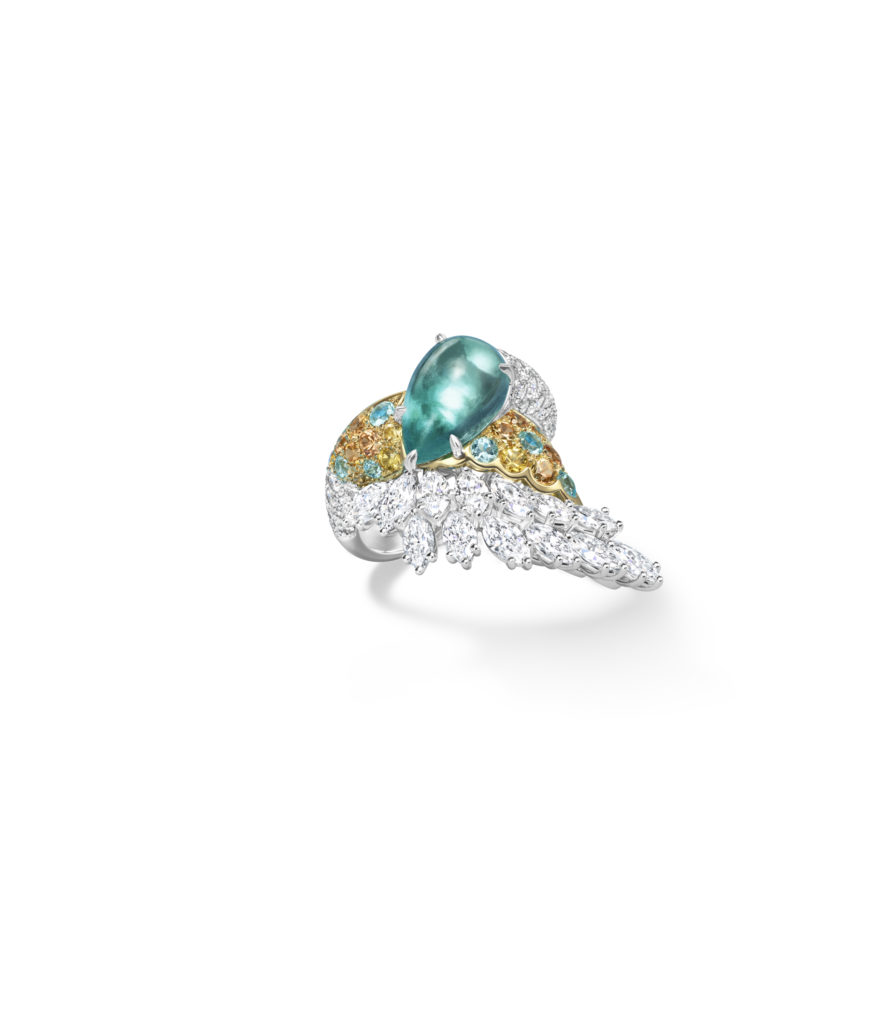 Harry Winston Ruddy Duck ring from the Marvelous Creations Collection with pear-shaped Paraiba tourmaline, pavé-set yellow sapphires and spessartites, and marquise-diamond-cluster accents for the wings, set in 18K yellow gold and platinum.