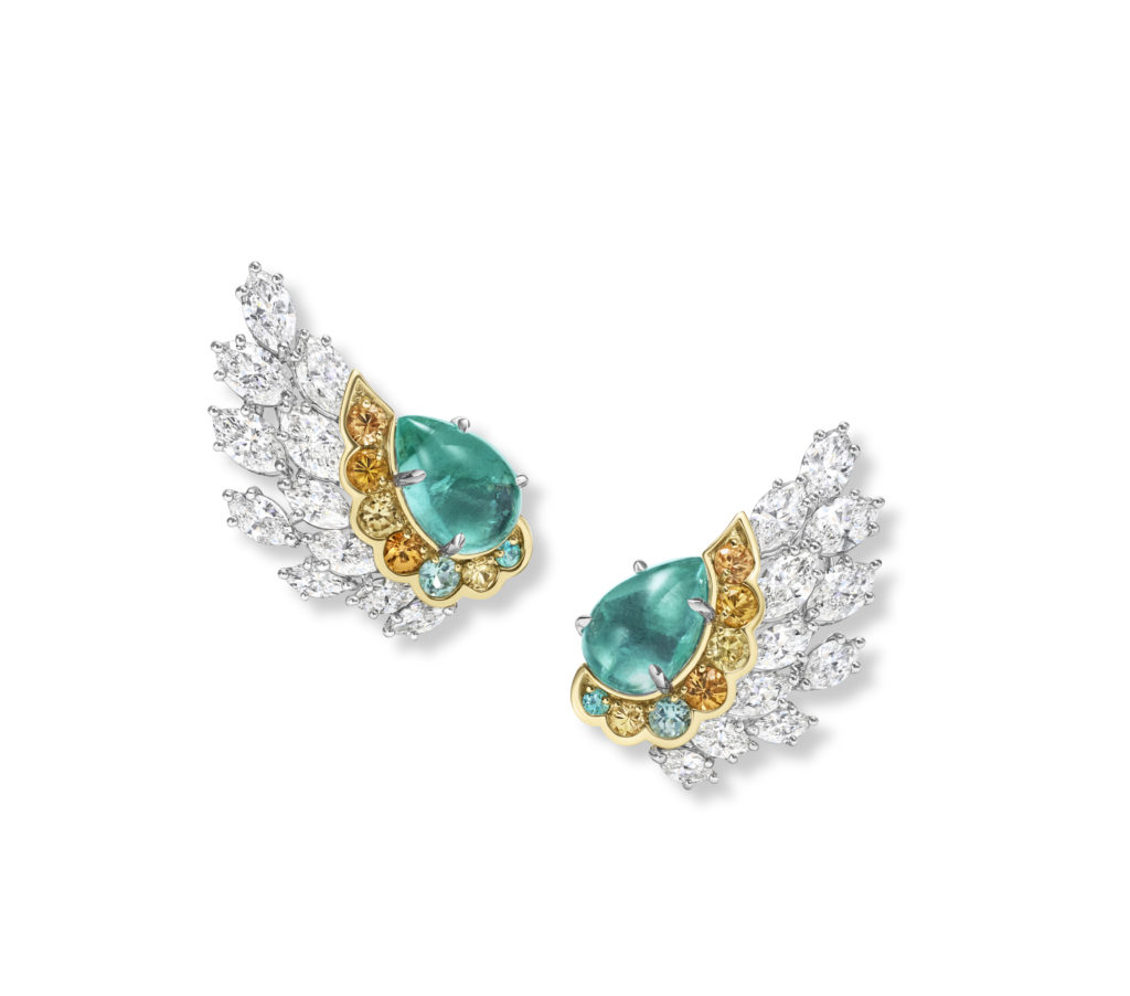 Harry Winston Ruddy Duck earrings from the Marvelous Creations Collection with pear-shaped Paraiba tourmalines, pavé-set yellow sapphires and spessartites, and marquise-diamond-cluster accents for the wings, set in 18K yellow gold and platinum.