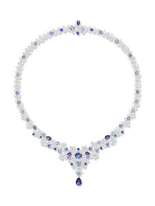 Harry Winston Purple Marquesa necklace from the Marvelous Creations Collection with Paraiba tourmalines, purple and blue sapphires, aquamarines, and diamonds, set in platinum.