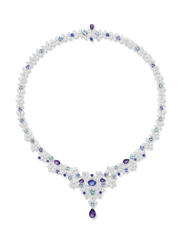 Harry Winston Purple Marquesa necklace from the Marvelous Creations Collection with Paraiba tourmalines, purple and blue sapphires, aquamarines, and diamonds, set in platinum.