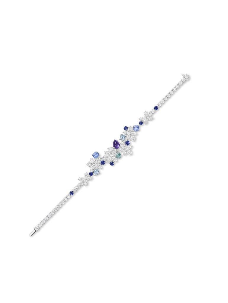 Harry Winston Purple Marquesa bracelet from the Marvelous Creations Collection with Paraiba tourmalines, purple and blue sapphires, aquamarines, and diamonds, set in platinum.