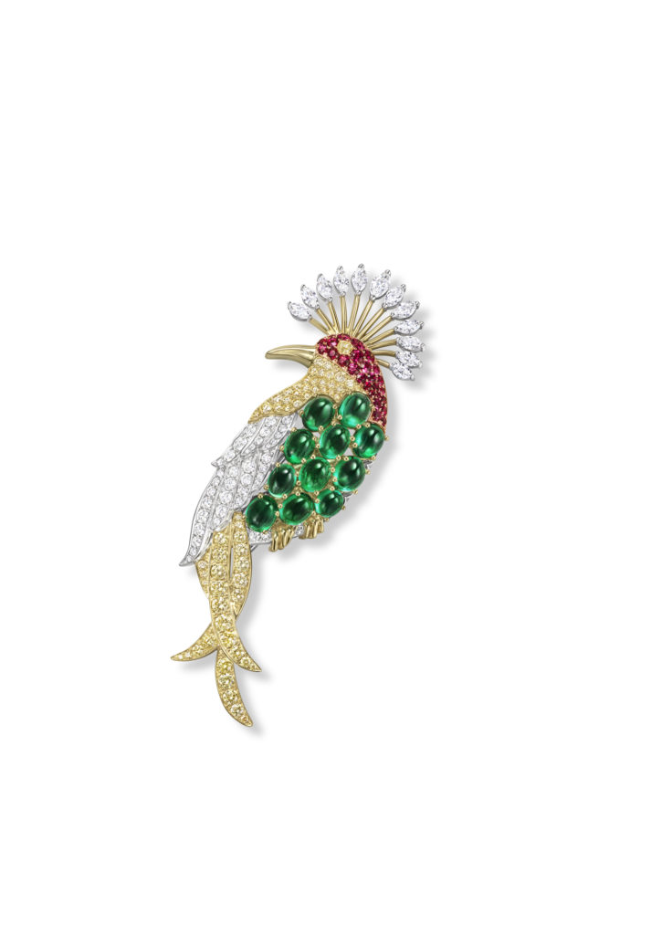 Harry Winston Kingfisher brooch from the Marvelous Creations Collection with rubies, emeralds, yellow diamonds, and diamonds, set in 18K yellow gold and platinum.