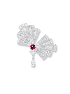 Harry Winston Betta Fish brooch from the Marvelous Creations Collection with 1.85-carat ruby cabochon and round brilliant, pear-shaped, tapered baguettes, and marquise diamonds, set in platinum.