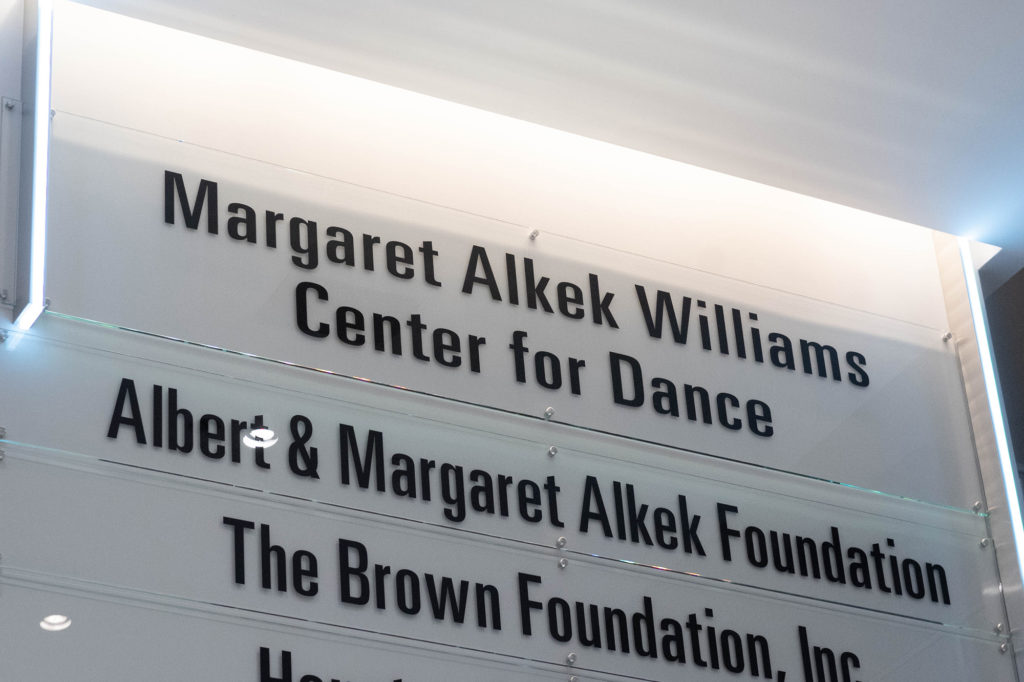 The marquee for the newly named Margaret Alkek Williams Center for Dance.