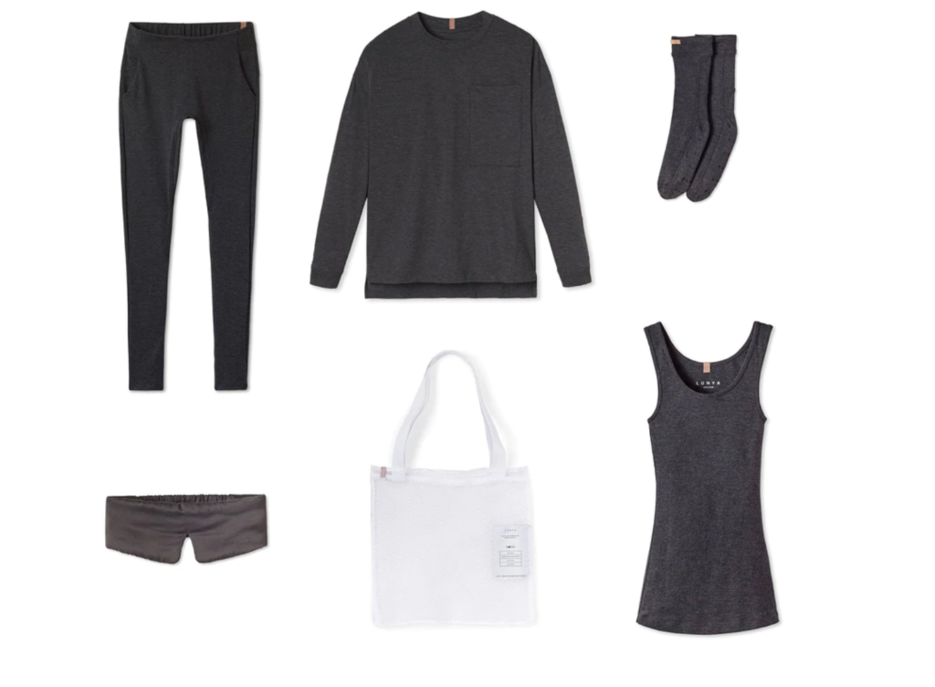 Lunya’s six-piece travel kit comes complete with buttery soft joggers, sweatshirt, tank top, socks and sleep mask all fit perfectly into a mesh bag perfect for laundry later. 