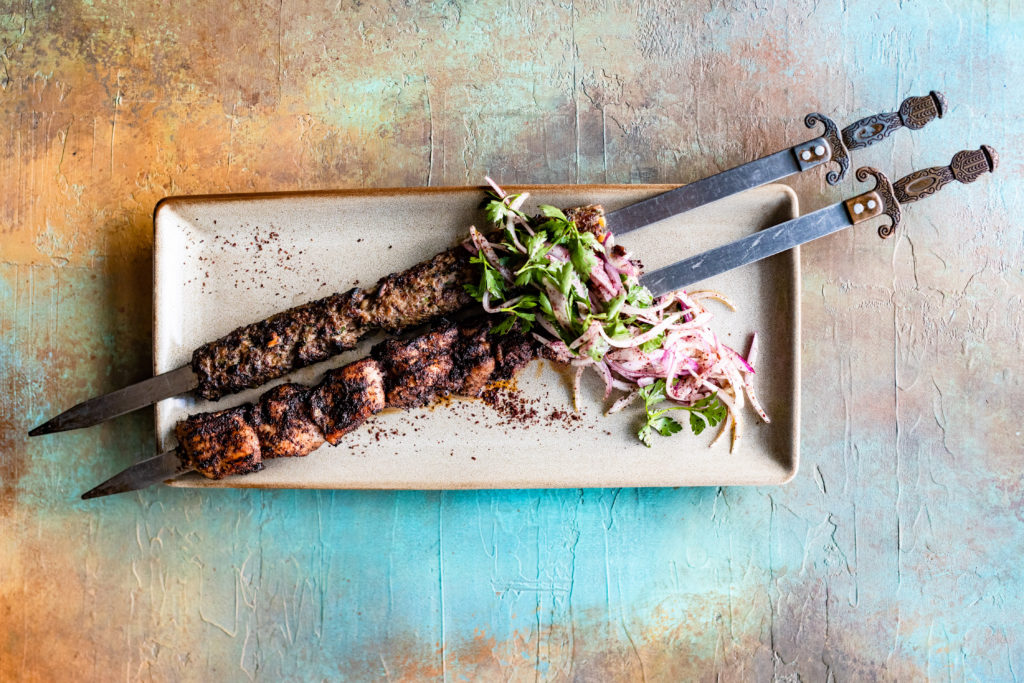Hamsa's menu features skewers including chicken (shown here), king oyster mushroom, shrimp, lamb, and beef. (Photo by Kirsten Gilliam)