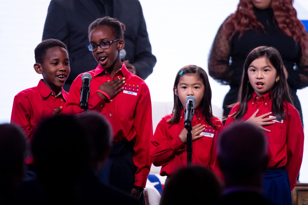 Students from Barbara Bush Elementary School lead the Pledge of Allegiance at the Barbara Bush Houston Literacy Foundation Celebration of Reading (Photo by Michelle Watson, CatchLightGroup.com)