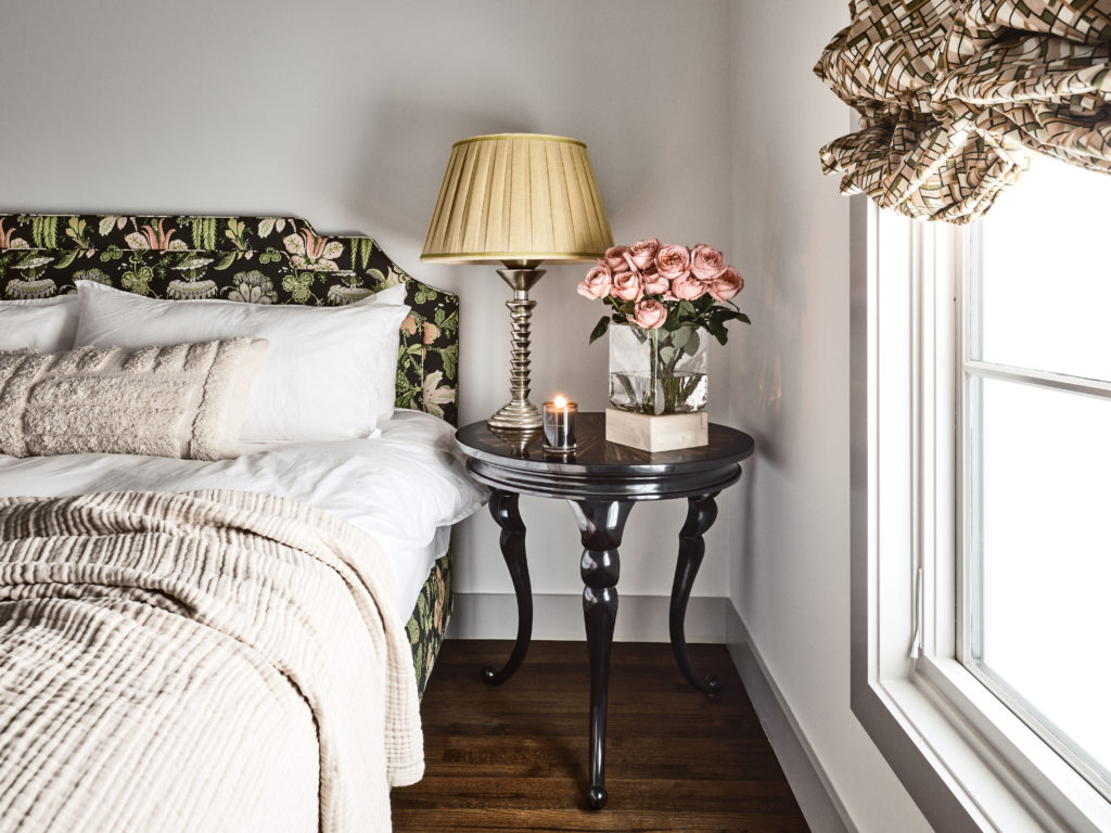 Headboards in all the bedrooms, including the Marcia apartment shown here, are by The Inside, which has partnered with European fabric houses Old World Weavers and Scalamandré. Bedding is from Parachute Home. (Photo by Stephen Karlisch).