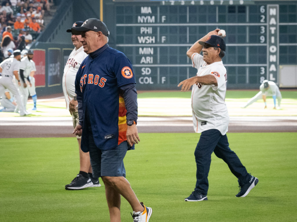 Lance McCullers Sr., Carlos Altuve and Raul Enrique Urquidy were prepared for this first pitch Father's Day night. (Photo by F. Carter Smith)