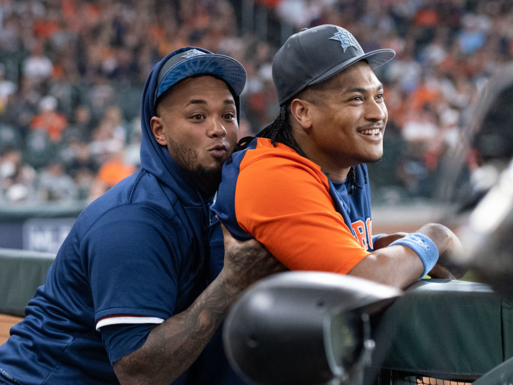 Martin Maldonado keeps it light with Astros starter Luis Garcia. (Photo by F. Carter Smith)