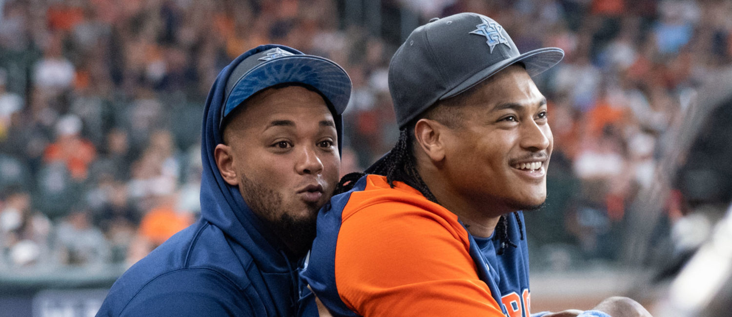 Martin Maldonado keeps it light with Astros starter Luis Garcia. (Photo by F. Carter Smith)